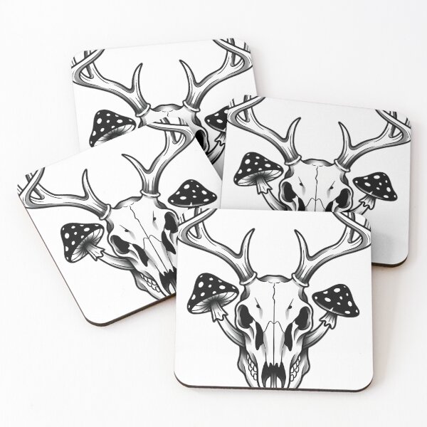 Item preview, Blackwork Stag Skull with Toadstools Tattoo Flash designed and sold by IllumeInk.