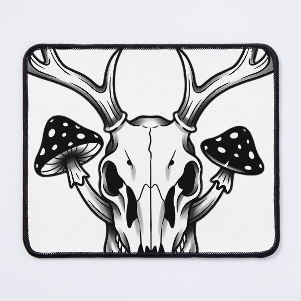 Item preview, Blackwork Stag Skull with Toadstools Tattoo Flash designed and sold by IllumeInk.