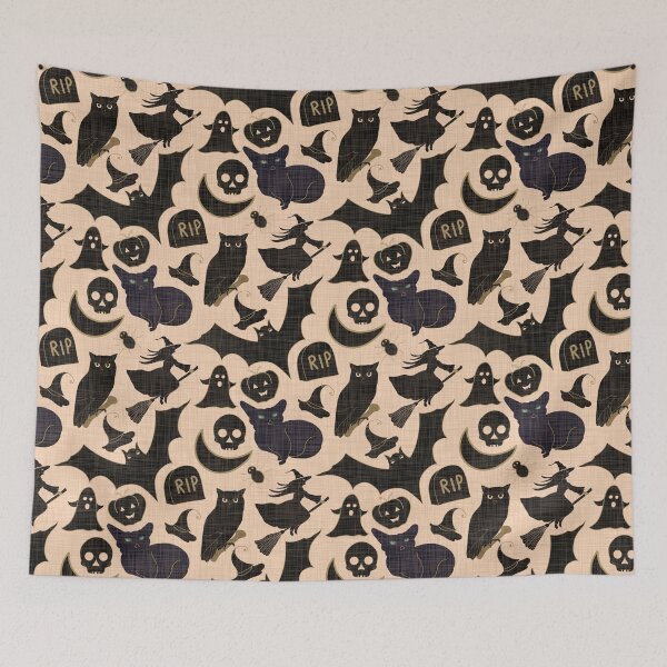 Item preview, Halloween black cats witches ghosts bats pumpkins  skulls - black and beige designed and sold by ahahdodo.