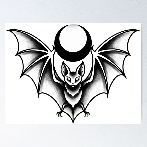 Item preview, Blackwork Bat with Crescent Moon Tattoo Flash designed and sold by IllumeInk.