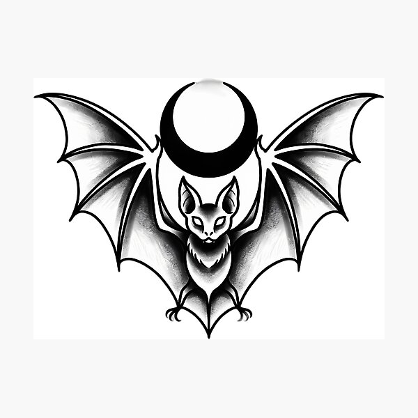 Item preview, Blackwork Bat with Crescent Moon Tattoo Flash designed and sold by IllumeInk.