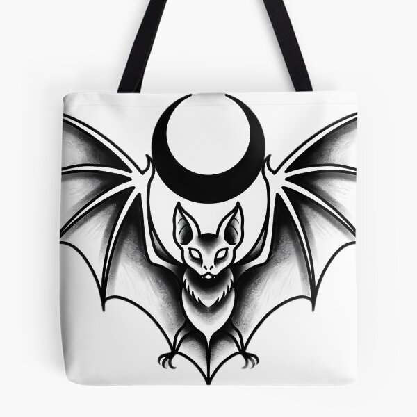 Item preview, Blackwork Bat with Crescent Moon Tattoo Flash designed and sold by IllumeInk.