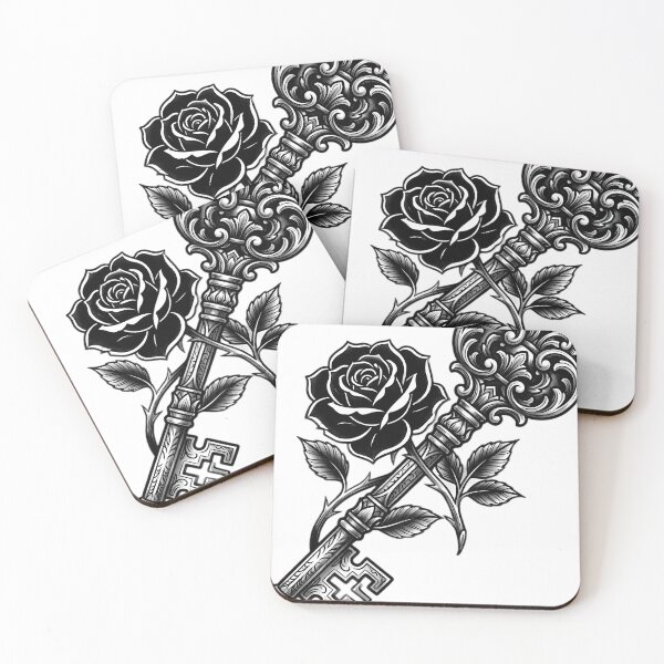 Item preview, Blackwork Ornate Skeleton Key and Black Rose Tattoo Flash designed and sold by IllumeInk.