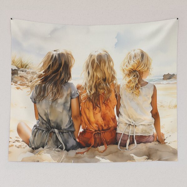 Item preview, Shoreline Secrets - Three Little Girls Sitting On The Beach Together - Children Art - Watercolor Art designed and sold by CastleBySea.