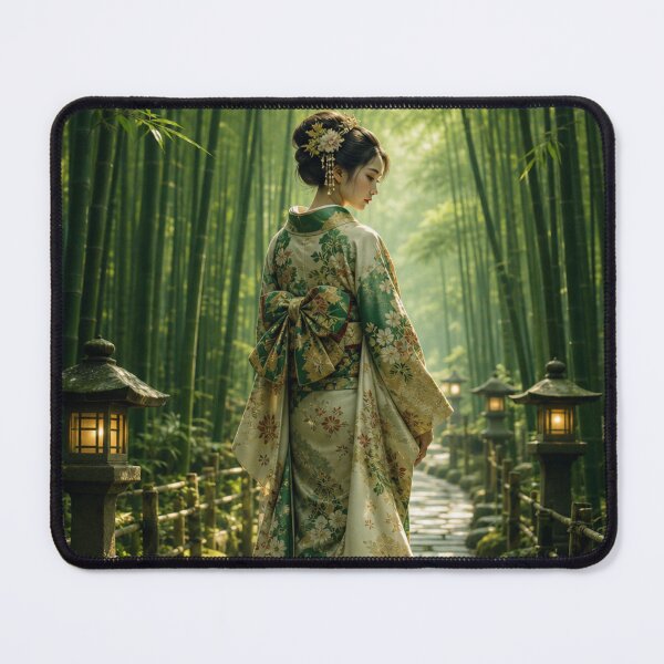 Item preview, Japanese Woman in Traditional Kimono Bamboo Forest Green Nature Art designed and sold by vekotpu.