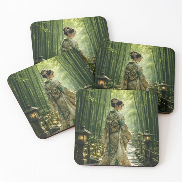 Item preview, Japanese Woman in Traditional Kimono Bamboo Forest Green Nature Art designed and sold by vekotpu.