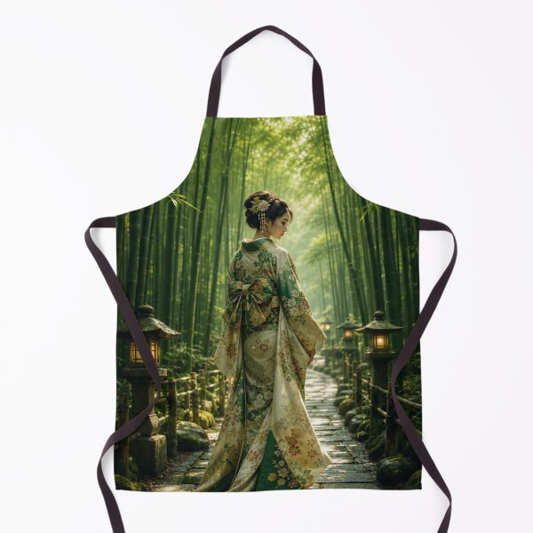 Item preview, Japanese Woman in Traditional Kimono Bamboo Forest Green Nature Art designed and sold by vekotpu.