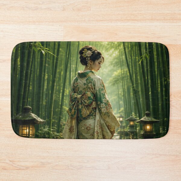 Item preview, Japanese Woman in Traditional Kimono Bamboo Forest Green Nature Art designed and sold by vekotpu.
