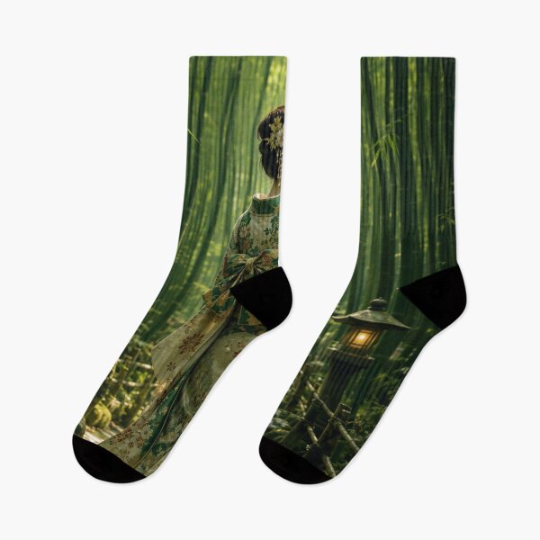 Item preview, Japanese Woman in Traditional Kimono Bamboo Forest Green Nature Art designed and sold by vekotpu.