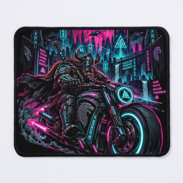 Item preview, Cyberpunk Viking Motorcycle Rider Neon Future designed and sold by ValhallaHub.