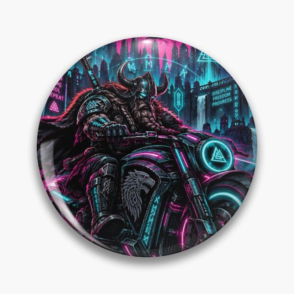 Item preview, Cyberpunk Viking Motorcycle Rider Neon Future designed and sold by ValhallaHub.