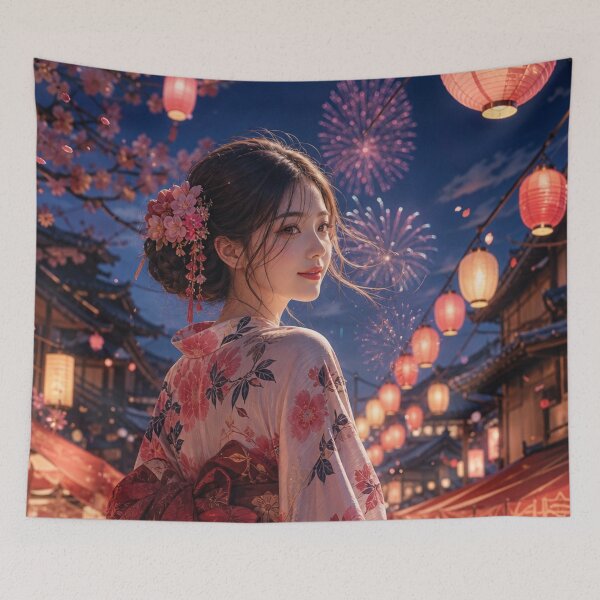 Item preview, Japanese Woman in Kimono Summer Festival Fireworks Night Art designed and sold by vekotpu.