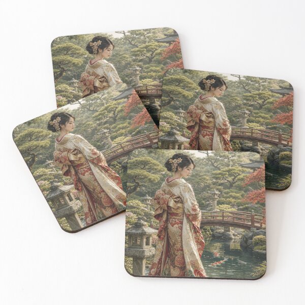 Item preview, Japanese Woman in Traditional Kimono Garden Koi Pond Art designed and sold by vekotpu.