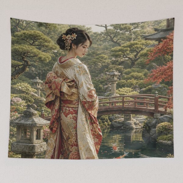 Item preview, Japanese Woman in Traditional Kimono Garden Koi Pond Art designed and sold by vekotpu.
