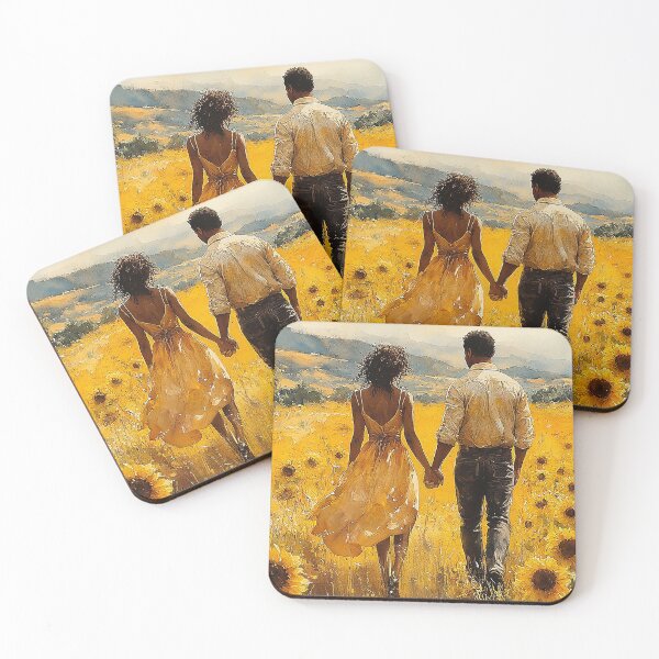 Item preview, In Bloom Together - A Black Man And Woman Holding Hands Amongst Sunflowers - Black Art - Watercolor Art designed and sold by CastleBySea.