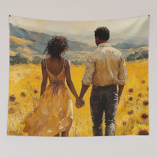 Item preview, In Bloom Together - A Black Man And Woman Holding Hands Amongst Sunflowers - Black Art - Watercolor Art designed and sold by CastleBySea.