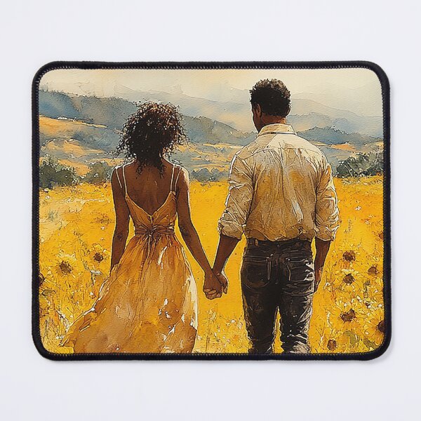 Item preview, In Bloom Together - A Black Man And Woman Holding Hands Amongst Sunflowers - Black Art - Watercolor Art designed and sold by CastleBySea.