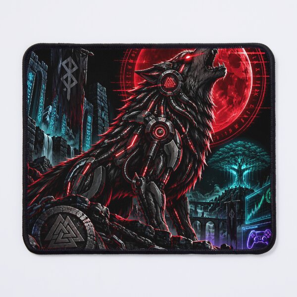 Item preview, Cyberpunk Fenrir Wolf Digital Neon Moon designed and sold by ValhallaHub.