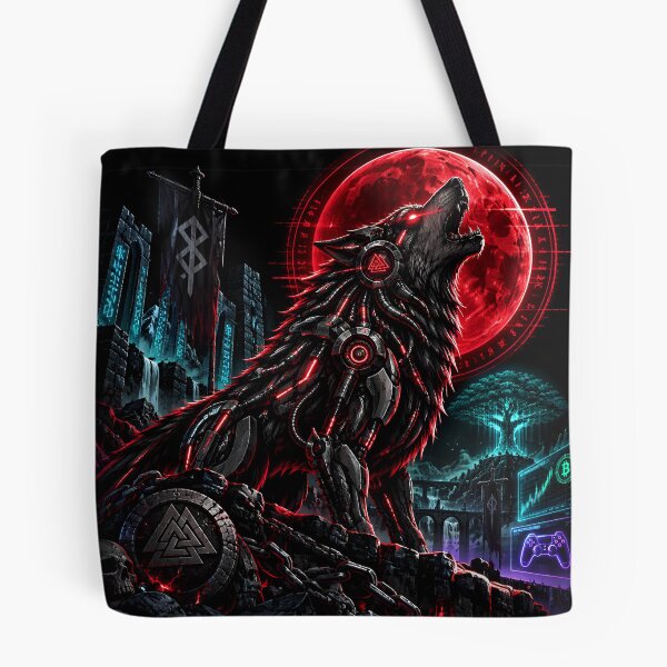 Item preview, Cyberpunk Fenrir Wolf Digital Neon Moon designed and sold by ValhallaHub.