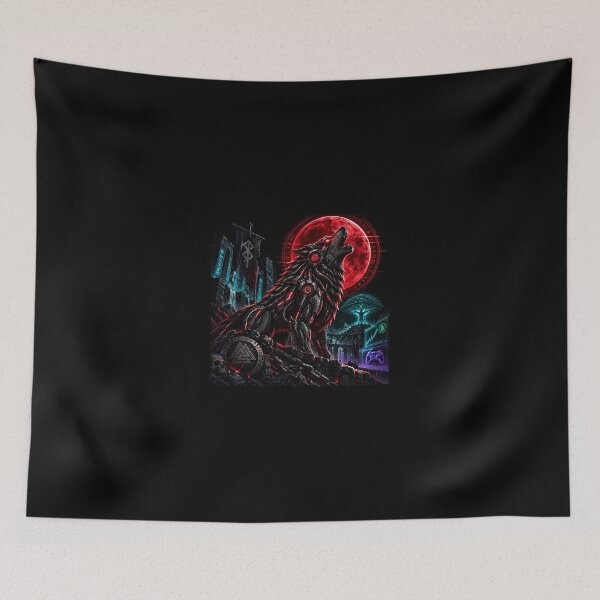 Item preview, Cyberpunk Fenrir Wolf Digital Neon Moon designed and sold by ValhallaHub.