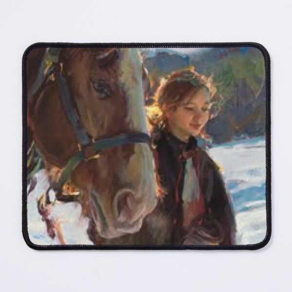 Item preview, Girl With Brown Horse In Winter Landscape Oil Painting designed and sold by Floralpiece.