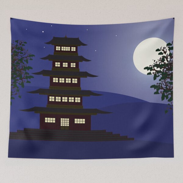 Item preview, Japanese Pagoda in Full Moon - Midnight Eastern Landscape Digital Art designed and sold by ArtisticJump.