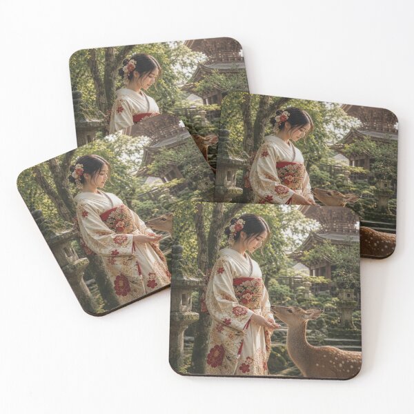 Item preview, Japanese Woman in Traditional Kimono Feeding a Deer Nara Art designed and sold by vekotpu.