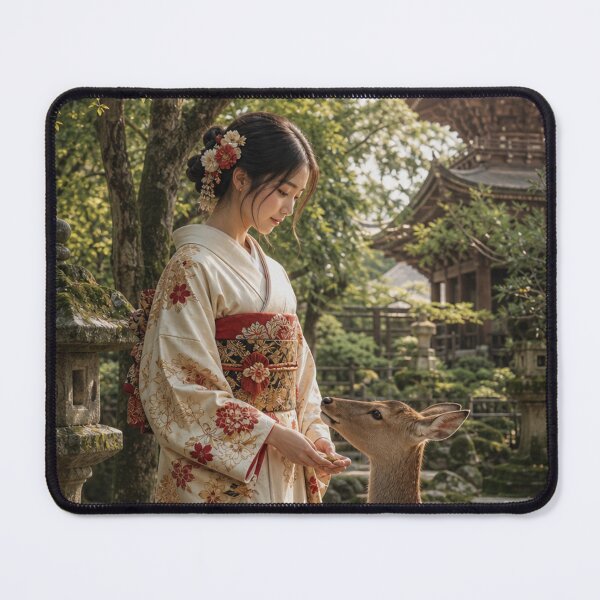 Item preview, Japanese Woman in Traditional Kimono Feeding a Deer Nara Art designed and sold by vekotpu.