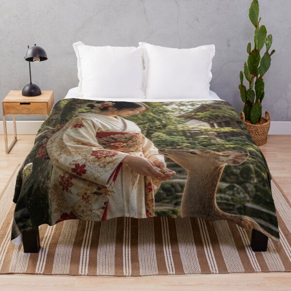 Item preview, Japanese Woman in Traditional Kimono Feeding a Deer Nara Art designed and sold by vekotpu.