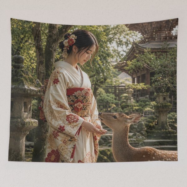Item preview, Japanese Woman in Traditional Kimono Feeding a Deer Nara Art designed and sold by vekotpu.