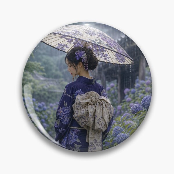 Item preview, Japanese Woman in Kimono Walking in Rain Hydrangea Garden Art designed and sold by vekotpu.