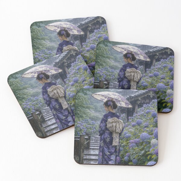 Item preview, Japanese Woman in Kimono Walking in Rain Hydrangea Garden Art designed and sold by vekotpu.
