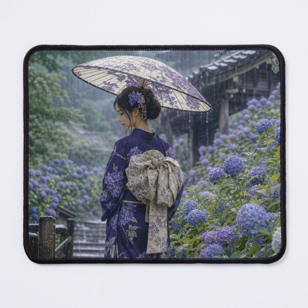 Item preview, Japanese Woman in Kimono Walking in Rain Hydrangea Garden Art designed and sold by vekotpu.