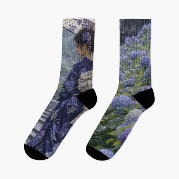 Item preview, Japanese Woman in Kimono Walking in Rain Hydrangea Garden Art designed and sold by vekotpu.