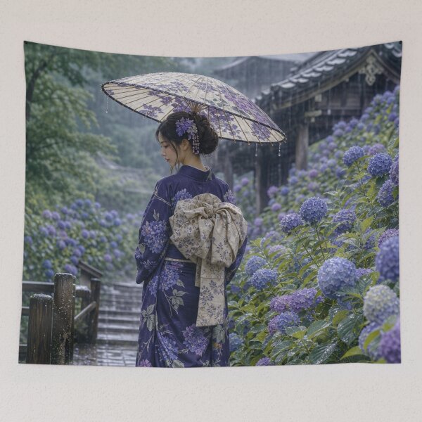 Item preview, Japanese Woman in Kimono Walking in Rain Hydrangea Garden Art designed and sold by vekotpu.