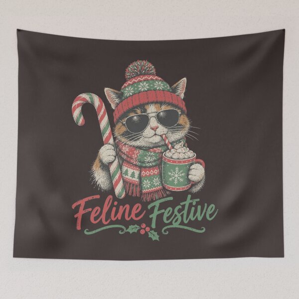 Item preview, Christmas Calico Cat with Cocoa & Candy Cane FELINE FESTIVE  designed and sold by JaymeOctober.