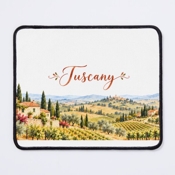Item preview, Tuscany Hem Border – Watercolor Vineyard and Cypress Landscape designed and sold by BLUEFOX05.