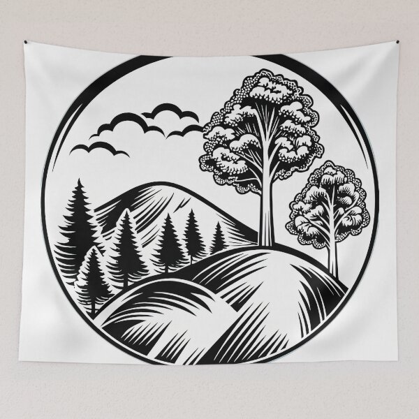 Item preview, Retro mountain with trees  black and white illustration designed and sold by Expressions-Sel.