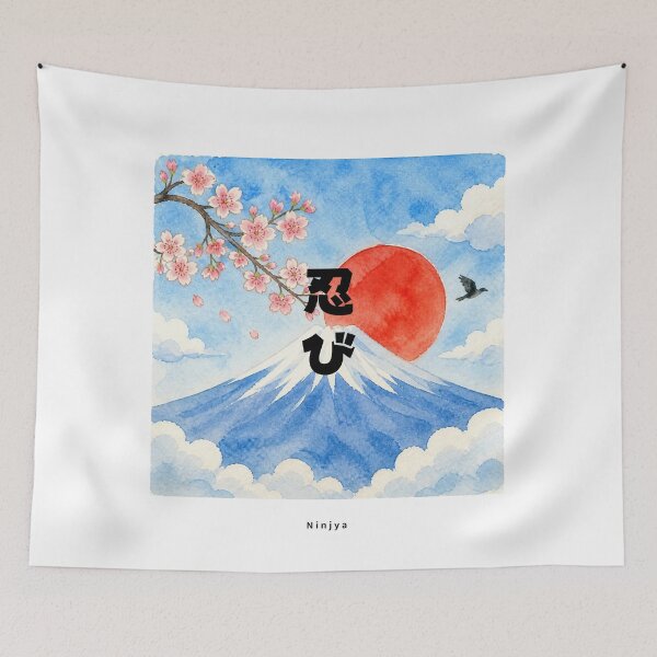 Item preview, Shinobi - Ninja | Watercolor Mount Fuji & Red Sun | Japanese Design designed and sold by JapanMemoir.