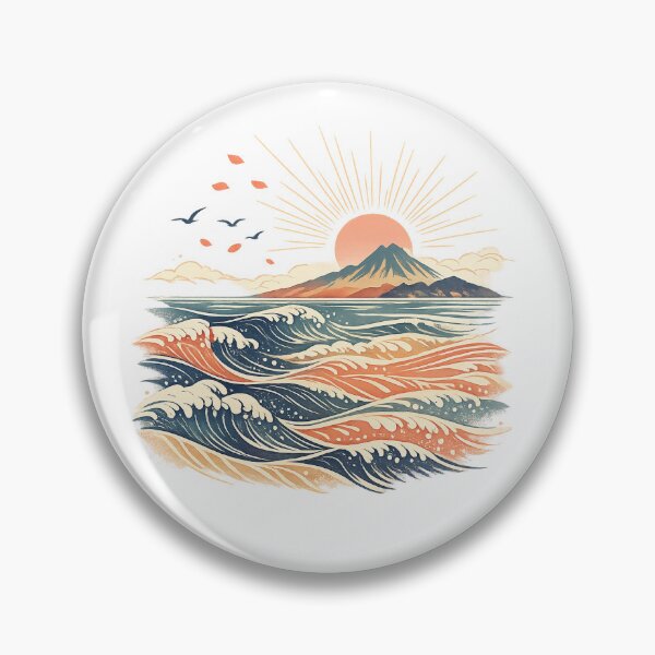 Item preview, Retro Ocean Waves Mountain Sunrise Coastal Landscape Japanese Inspired Art designed and sold by inkoutninja.