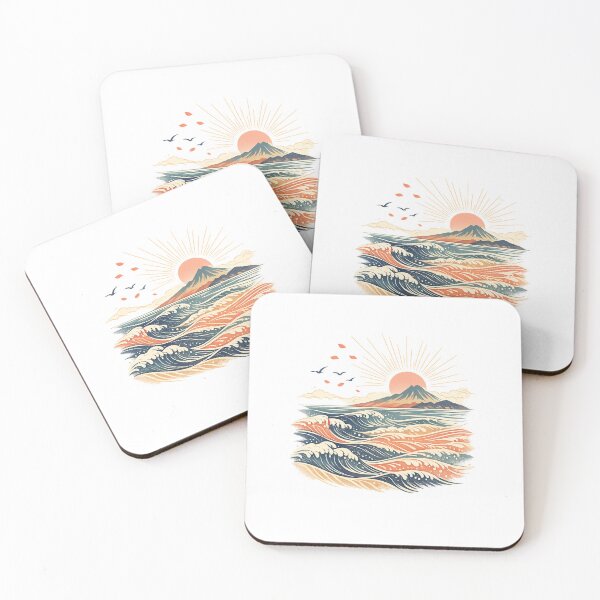 Item preview, Retro Ocean Waves Mountain Sunrise Coastal Landscape Japanese Inspired Art designed and sold by inkoutninja.