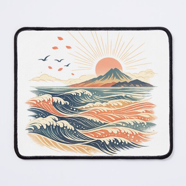 Item preview, Retro Ocean Waves Mountain Sunrise Coastal Landscape Japanese Inspired Art designed and sold by inkoutninja.
