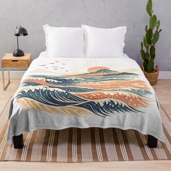 Item preview, Retro Ocean Waves Mountain Sunrise Coastal Landscape Japanese Inspired Art designed and sold by inkoutninja.