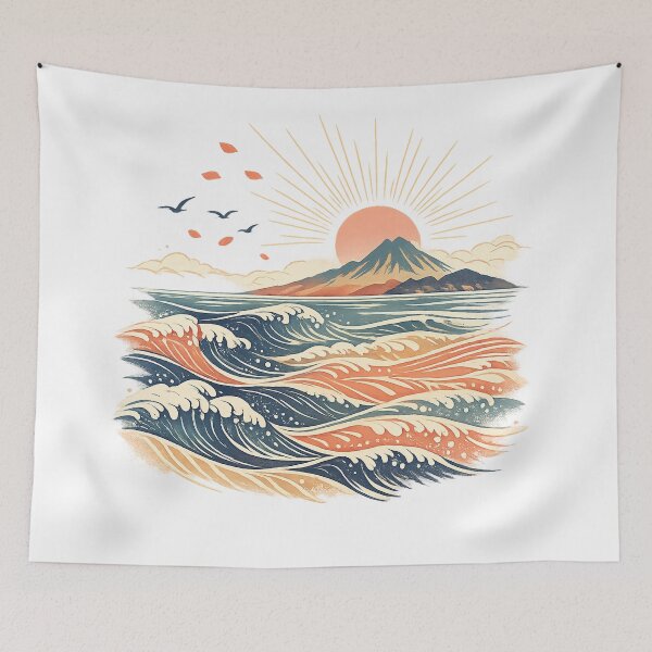 Item preview, Retro Ocean Waves Mountain Sunrise Coastal Landscape Japanese Inspired Art designed and sold by inkoutninja.