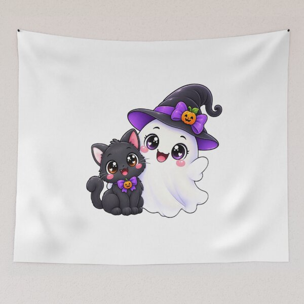 Item preview, Cute Halloween Ghost Witch and Black Cat designed and sold by Pixanova.