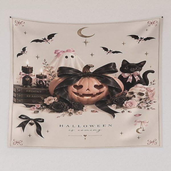 Item preview, Spooky Cute Halloween Pink & Black Aesthetic Coquette Cat and Pumpkin Art Print designed and sold by SatinPosterCo.