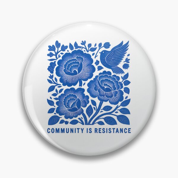 Item preview, Community Is Resistance Blue Linocut Folk Art Botanical Bird Print    designed and sold by SEINENGAPPI12.