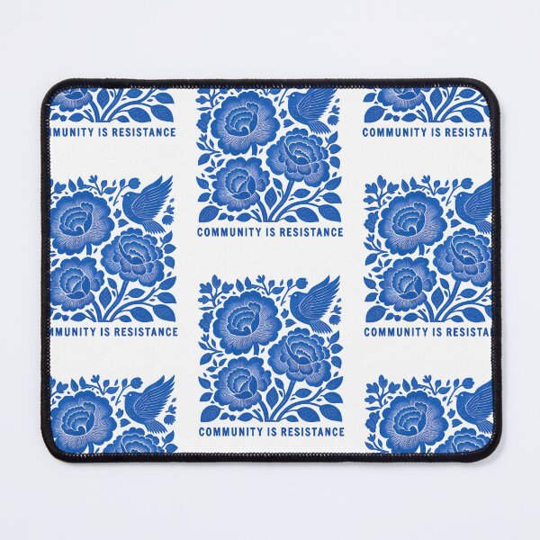 Item preview, Community Is Resistance Blue Linocut Folk Art Botanical Bird Print designed and sold by SEINENGAPPI12.