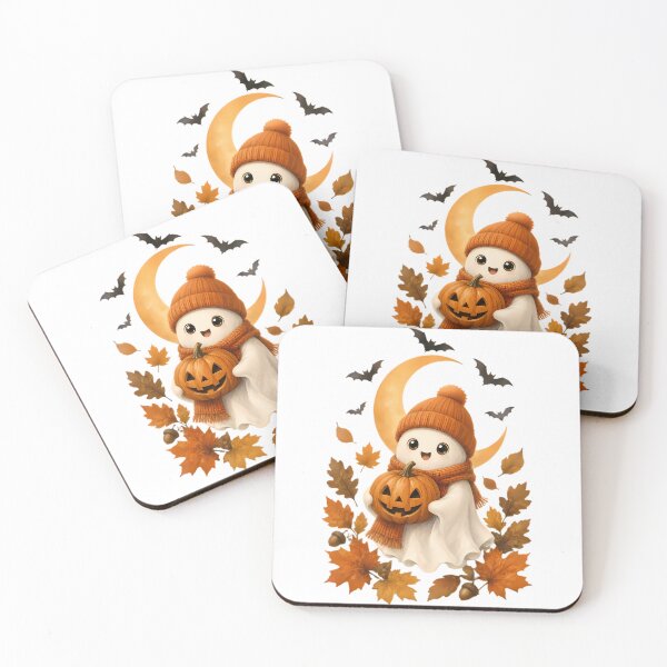 Item preview, Cute Ghost Holding Pumpkin Among Autumn Leaves designed and sold by Linework Studio.