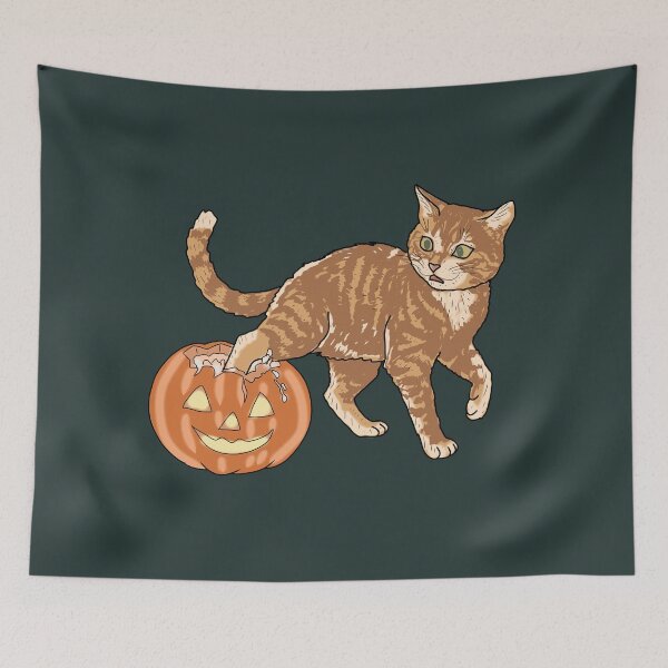 Item preview, Halloween Cat Stuck in Pumpkin, cottagecore Ginger Cat Autumn Art, spooky Season Pet Illustration designed and sold by LeshanArt.